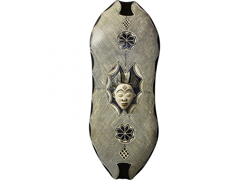 Large African Carved Wood Shield with Punu Mask - Gabon Large African Carved Wood Shield with Punu Mask - Gabon